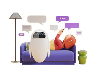 Poster - A person lying on a couch using a smartphone with a robot beside them. Speech bubbles are displayed. Isolated on a white background. 3D Rendering