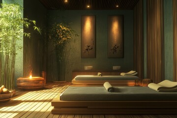 A spa room with two beds and a potted plant. The room is dimly lit and has a calming atmosphere