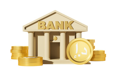 Poster - Bank building with gold coins, isolated on a white background. 3D rendering. Financial institution concept