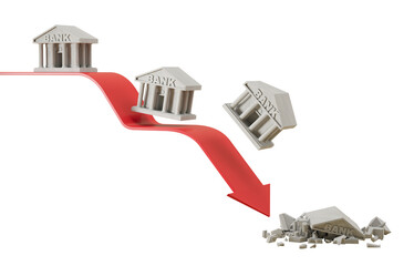 Poster - Bank buildings crashing down a red arrow on a white background, representing financial collapse. 3D Rendering