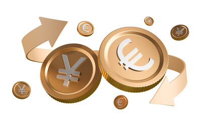 Poster - 3D rendering of Yen and Euro coins with directional arrows on a white background, symbolizing currency exchange