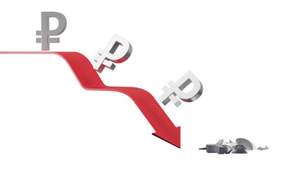Poster - A red arrow showing a decline with ruble symbols falling, isolated on white background. Concept of currency depreciation. 3D Rendering
