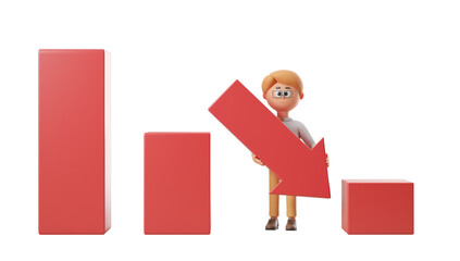 Poster - Cartoon man holding a downward arrow with decreasing bar graph blocks. Simple 3D rendering style. White background. Concept of decline
