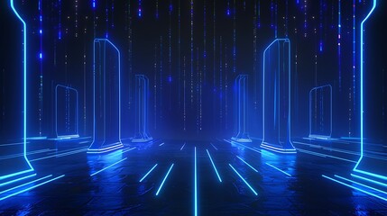 Poster - futuristic blue glowing pillars in a digital space with cascading lights for immersive visuals and d