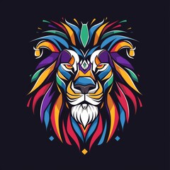 A striking geometric lion head illustration featuring vivid colors and detailed patterns, set against a dark background.