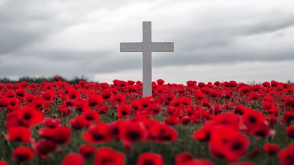 Poster - Simple white background with a remembrance cross and a field of red poppies, symbolizing peace and remembrance.