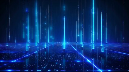 Poster - futuristic digital landscape with glowing blue lines and lights, creating a tech-inspired visual exp
