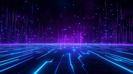 Poster - futuristic digital landscape with glowing blue lines and purple lights on a dark background.
