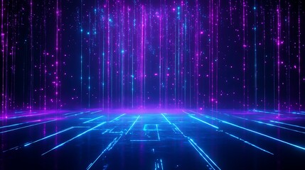 Poster - futuristic digital landscape with glowing lines and particles, vibrant purple and blue colors, ideal