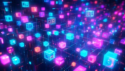 Wall Mural - Futuristic abstract technology background featuring glowing cubes and a neon purple digital network, representing advanced cyberspace connections and innovation.