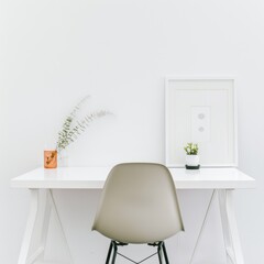Poster - Success in minimalism: empty chair and desk with a small plant.