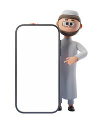 Poster - Cartoon character with glasses and traditional attire, pointing at a blank smartphone screen. Isolated on white background. 3D Rendering