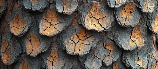 Closeup of a tree bark texture with a scaly, cracked, and rough pattern.