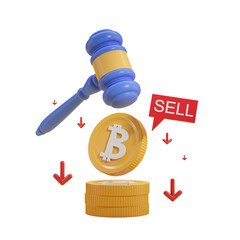 Poster - 3D rendering of a gavel hitting bitcoin coins with a sell sign and red arrows pointing down on a white background. Concept of cryptocurrency sale