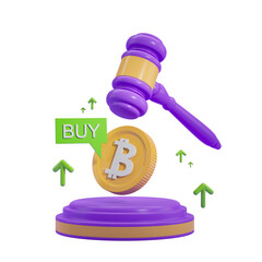 Poster - Judge's gavel, Bitcoin coin, and BUY speech bubble on white background. Concept of cryptocurrency investment and decision. 3D Rendering