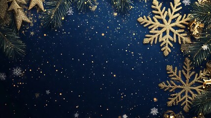 Wall Mural - festive christmas background with glittering snowflakes on navy blue winter backdrop