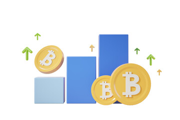 Poster - Bitcoin cryptocurrency coins and a growth chart with bars and upward arrows, isolated on a white background, concept of financial growth, 3D Rendering