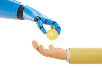 Poster - A robot hand holding a coin labeled CBDC above a human hand on a white background. Concept of digital currency. 3D Rendering