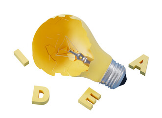 Poster - broken light bulb forming the word idea with its shattered pieces, isolated on a white background. c