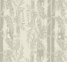  pattern of white fern leaves on a light grey striped background.