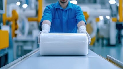 A factory worker in protective gloves handling a large plastic film roll on an assembly line, illustrating the manufacturing process of packaging materials.