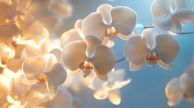 Beautiful white orchids on blue background