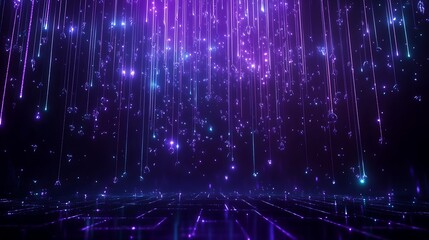 Vibrant purple and blue digital rain with sparkling stars, creating a mesmerizing cosmic effect.