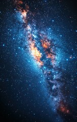 a blue and orange galaxy with a bright yellow star in the middle. the stars are scattered throughout