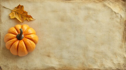 Sticker - A pumpkin sits on a paper with a leaf on top