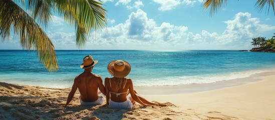 Couple in love sitting on a tropical beach, enjoying the view.