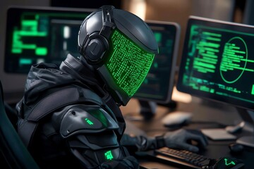 Poster - Futuristic ethical hacking setup, where multiple holographic screens display glowing green code, cyber defenses, and advanced security protocols being tested