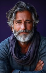 Wall Mural - A man with a beard and gray hair is wearing a scarf and a sweater. He is smiling and looking at the camera