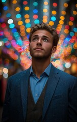 Canvas Print - A man in a blue suit and vest is looking up at the sky. The image has a dreamy, romantic feel to it, as if the man is lost in thought or contemplating something important