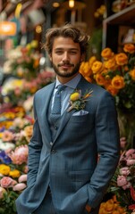 Poster - A man in a blue suit and tie stands in front of a flower shop. He is wearing a tie with a yellow flower on it