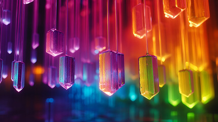 Aufkleber - Colorful hanging crystals reflecting light in an artistic installation creating a vibrant atmosphere