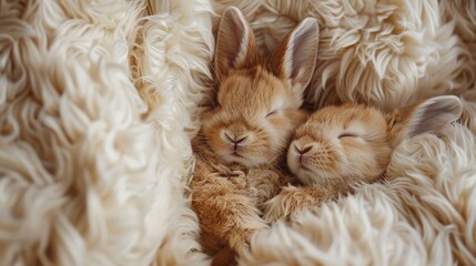 Two baby rabbits are sleeping in a pile of fur. The fur is white and fluffy. The rabbits are small and cute