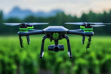 Poster - Futuristic nature conservation drones, flying over a forest, planting trees and monitoring wildlife using advanced AI technology