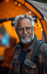 Canvas Print - A man with glasses and a beard is smiling in front of a tent. He is wearing a plaid shirt and a backpack