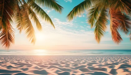 Tropical paradise at sunset with glowing palm trees and vibrant ocean waves, evoking summer vibes and vacation dreams in a stunning natural landscape.