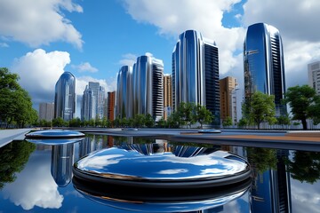 Poster - Futuristic urban skyline with floating buildings, where advanced technology allows for vertical cities and hovering structures in a sleek, futuristic environment