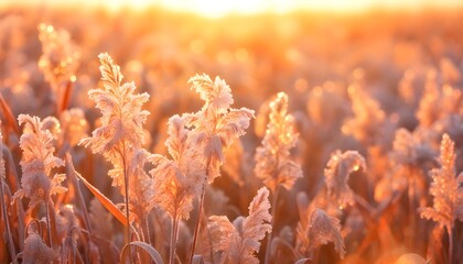 Poster - Frosted Reeds Bathed in Sunset Glow Over Rural Landscape