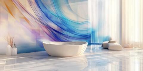 Sticker - A white bathtub with a blue and purple wall behind it. The wall has a wave pattern and the bathtub is in the center of the room