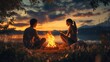 © Business Pics - Romantic scene of young teens couple sitting near camp fire and chatting during warm summer day ending sunset hours. People relation, town getawat and beauty in Nature concept image.