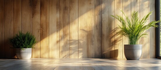 Poster - Empty wooden floor space with potted plants and sunlight.