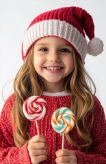 Happy cute girl in Christmas hat holding lollipops, smiling and isolated on white background