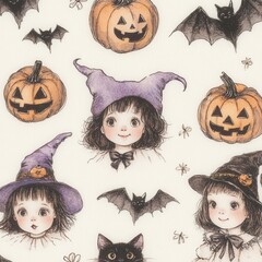 Poster - A drawing of a girl in a witch hat surrounded by pumpkins and bats