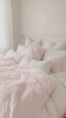 Poster - A white bed with a pink blanket and pillows