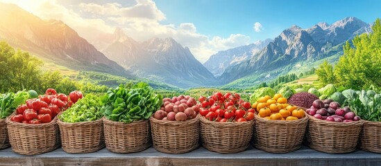 Canvas Print - Fresh produce in wicker baskets against a scenic mountain backdrop.