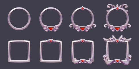 Fototapete - Fantasy medieval ui border. Metal frame design for rpg interface. Silver label with gem stone and ornament decoration. Vintage avatar rank graphic gui set. Empty royal banner in circle or square shape