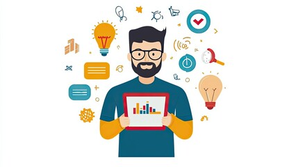 Poster - A Man with a Beard Holding a Tablet with Data Analysis